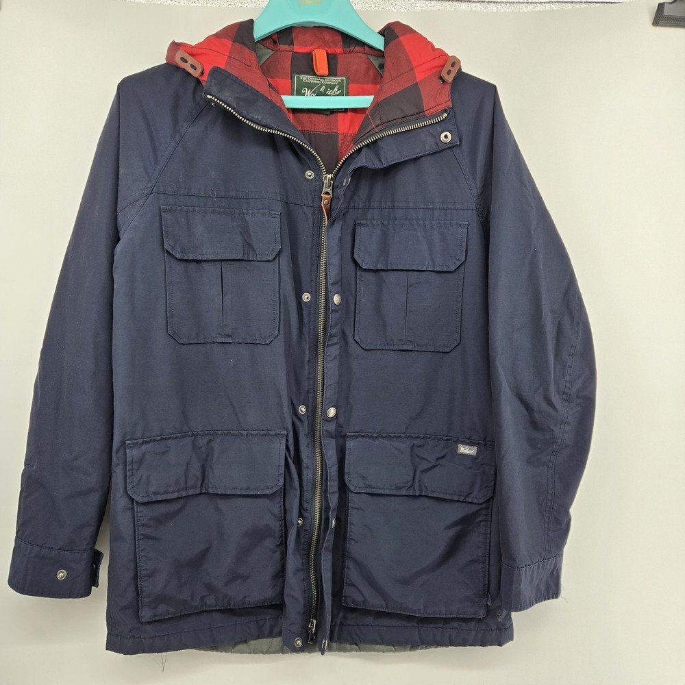 Vintage Woolrich Hooded Field Jacket USA Wool Plaid Lined Navy Parka Men's Large